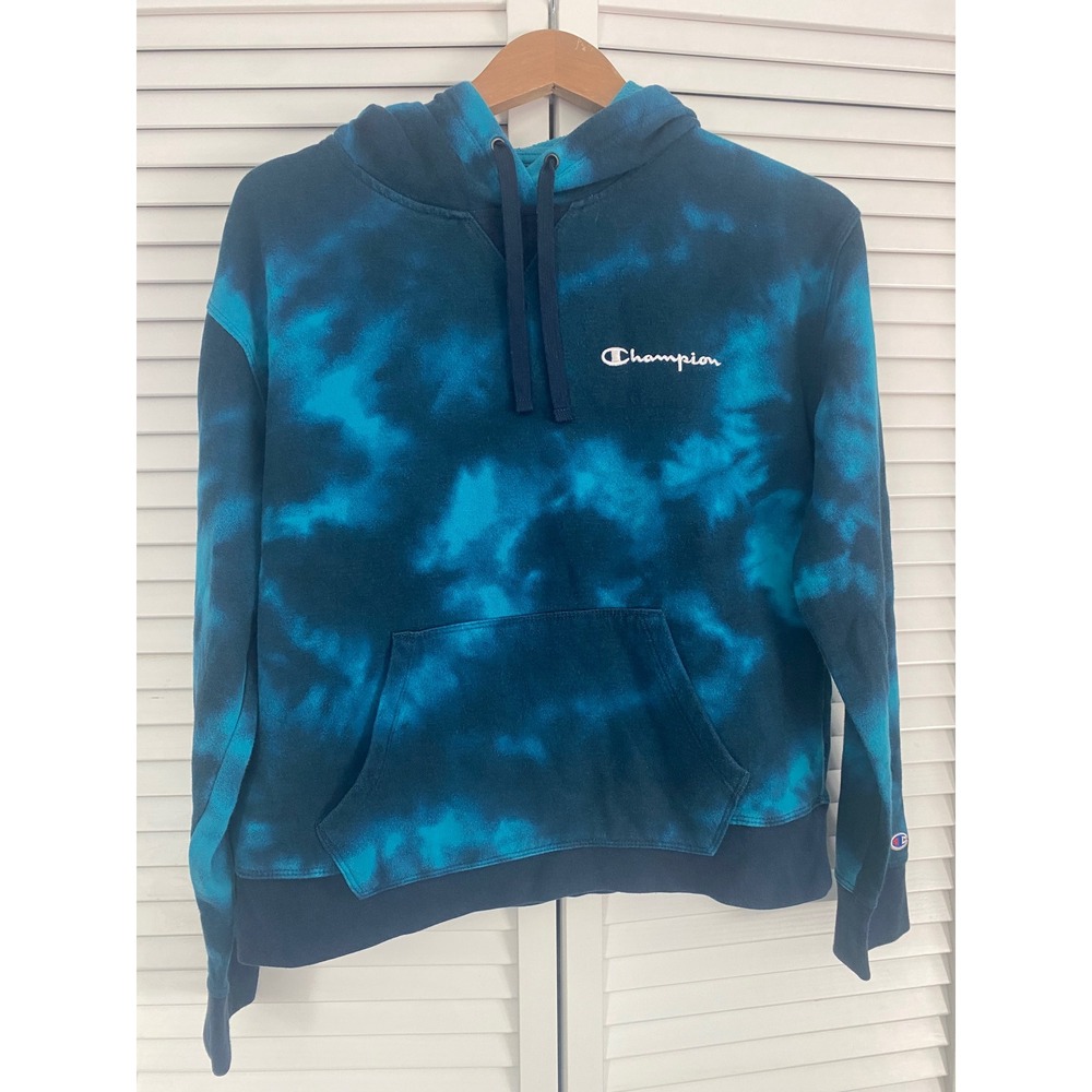 Champion Blue Tie Dye Hoodie Sweatshirt Navy Embroidered Logo Pullover